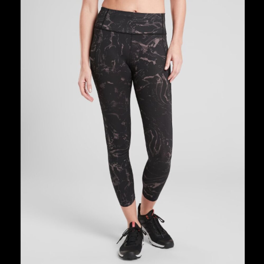 ATHLETA VELOCITY STASH POCKET MARBLE 7/8 TIGHTS Black & Mauve High Rise Leggings